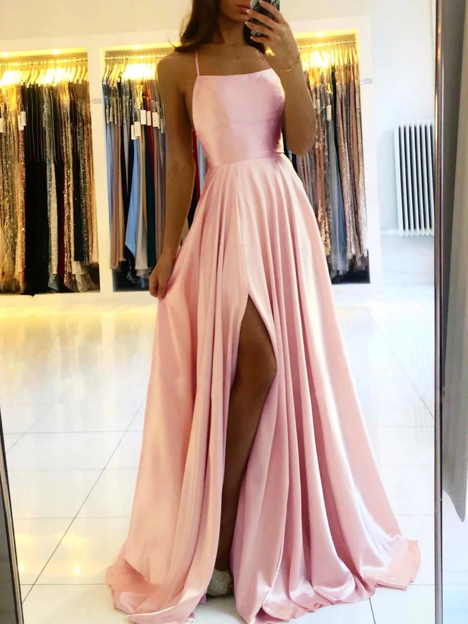 2024 Sexy Backless Satin Evening Gown | Elegant Navy Blue Prom Dress with Slit | Long Spaghetti Strap Formal Party Dress