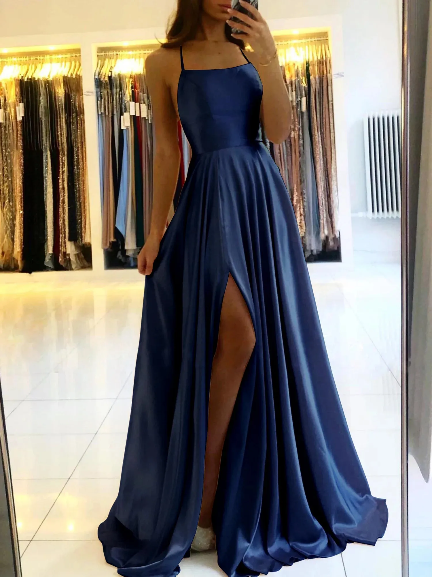 2024 Sexy Backless Satin Evening Gown | Elegant Navy Blue Prom Dress with Slit | Long Spaghetti Strap Formal Party Dress