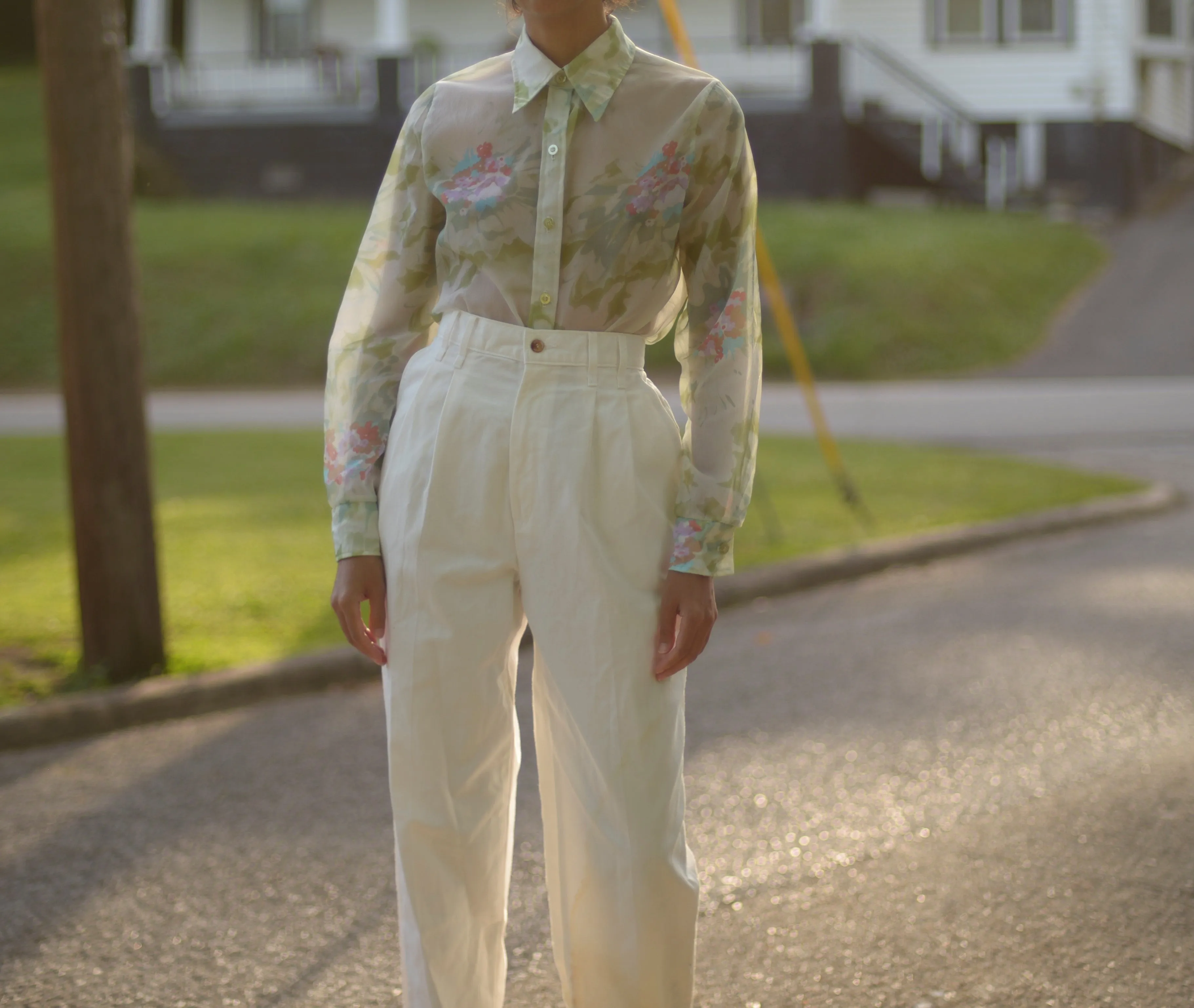 70s chiffon abstract floral print blouse