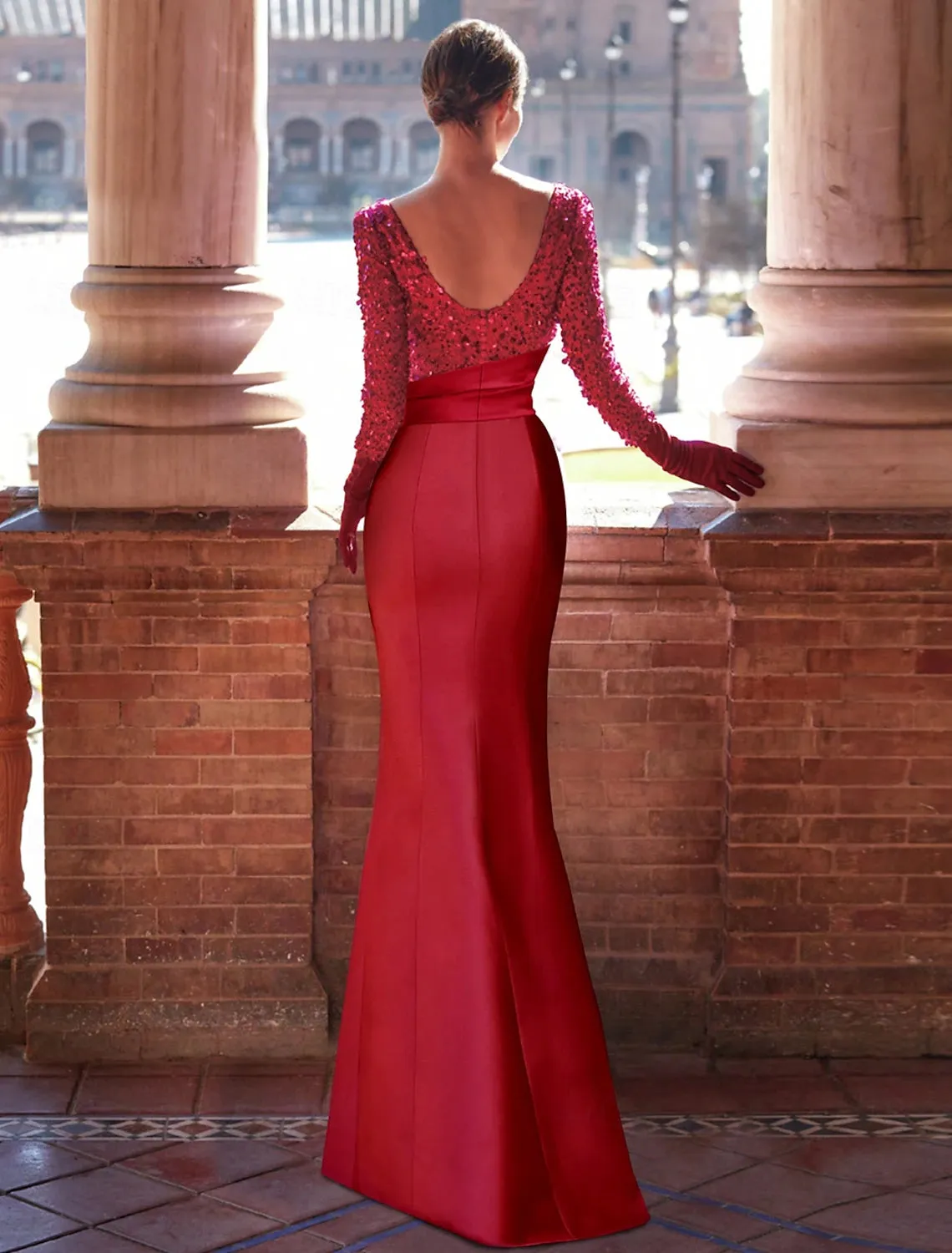 A-Line Evening Gown Formal Christmas Floor Length Long Sleeve Jewel Neck Satin with Ruffles Slit