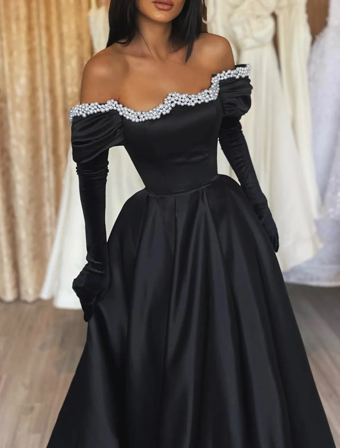 A-Line Evening Gown Gothic Dress Formal Wedding Party Floor Length Long Sleeve Off Shoulder Satin with Pearls