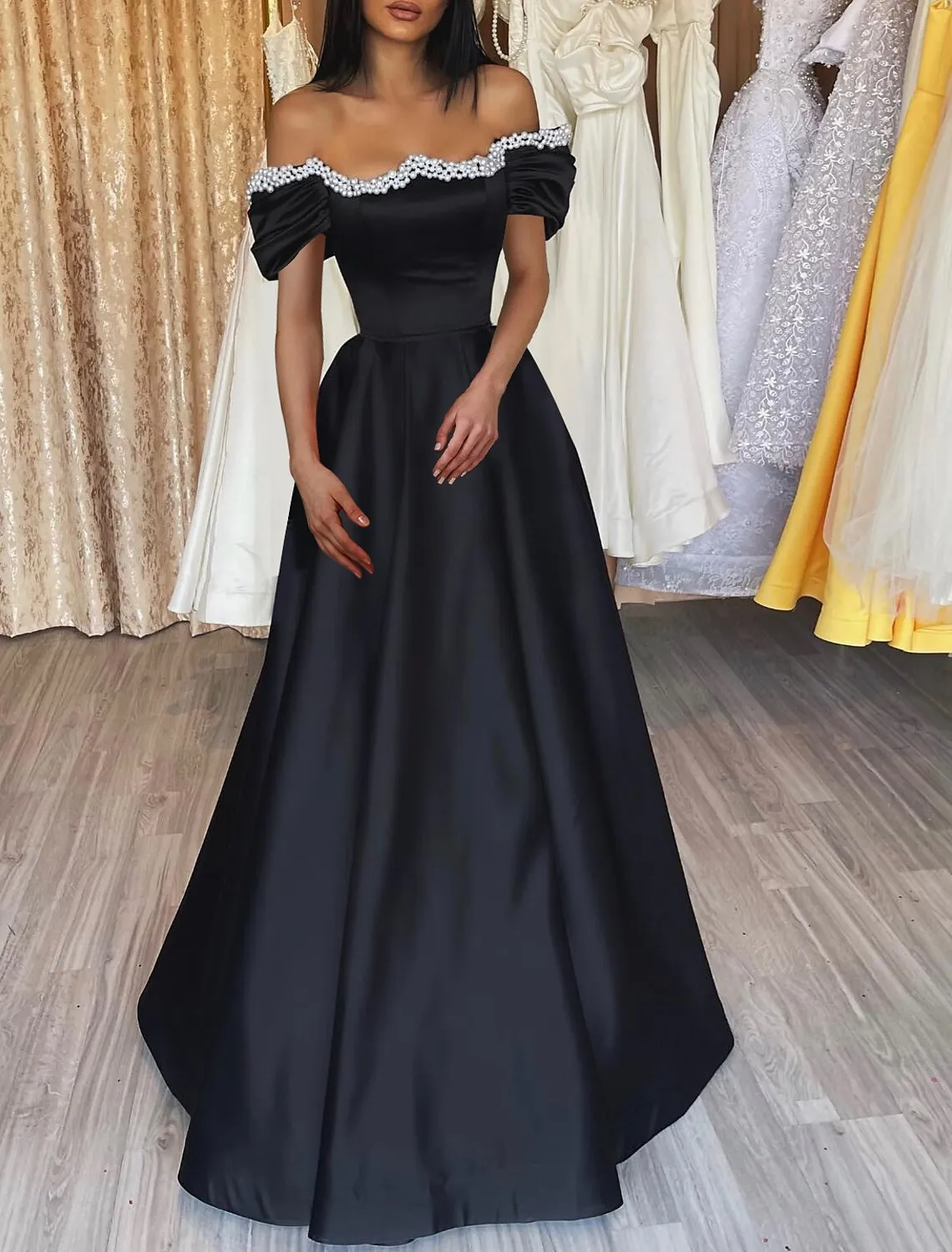 A-Line Evening Gown Gothic Dress Formal Wedding Party Floor Length Long Sleeve Off Shoulder Satin with Pearls