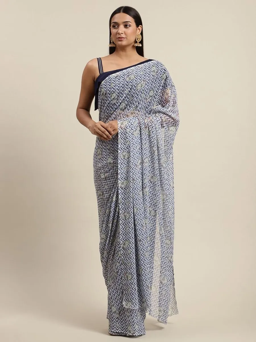 Ahalyaa Women's Navy Blue Chiffon Digital Print Chevron Saree