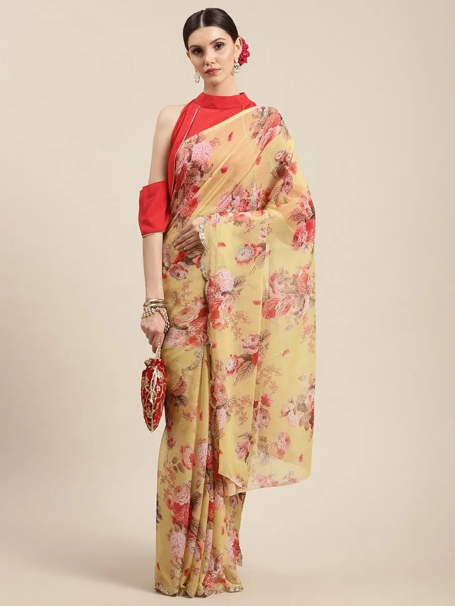 Ahalyaa Women's Yellow Chiffon Digital Print Floral Saree