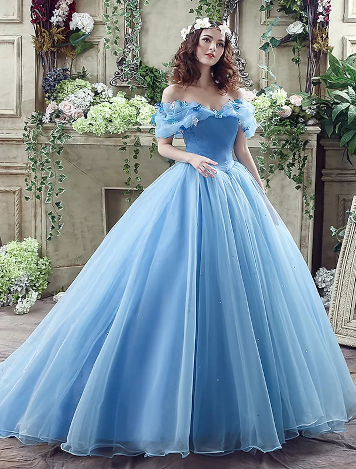 Ball Gown Evening Gown Sexy Dress Quinceanera Chapel Train Short Sleeve Off Shoulder Satin with Appliques