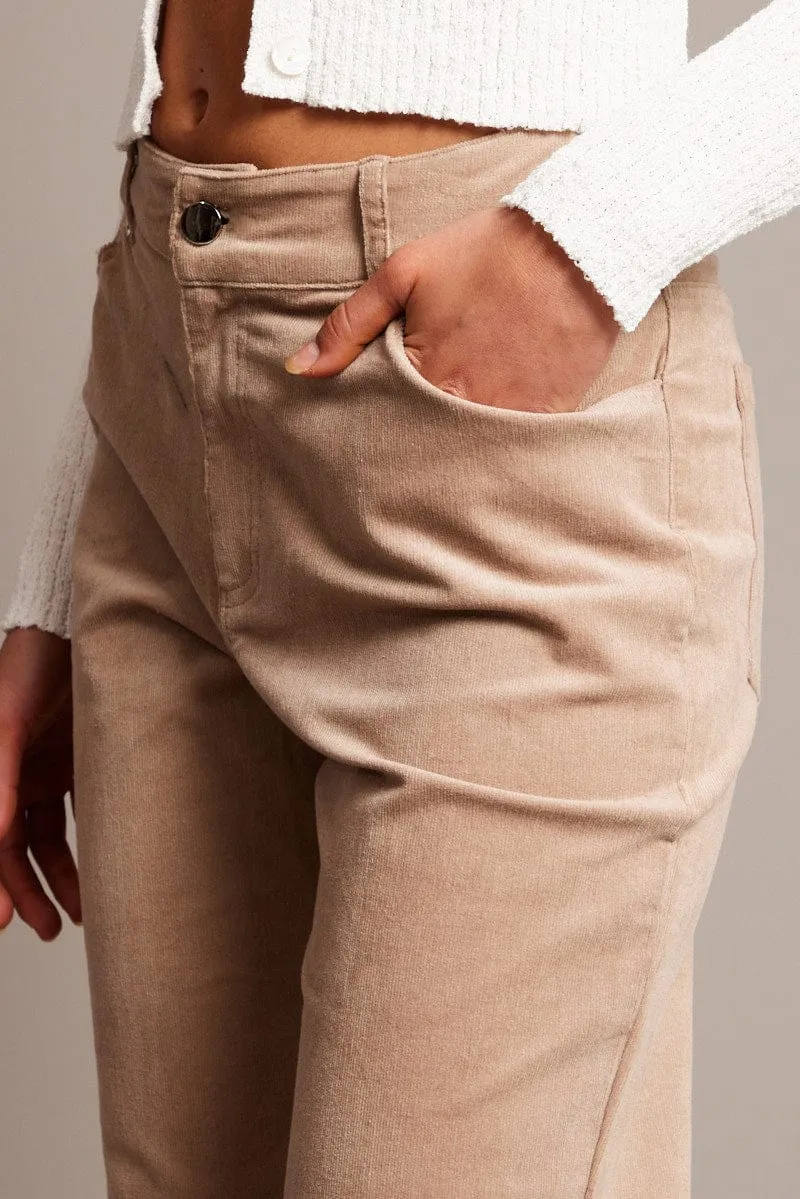 Beige Wide Leg Pants High Rise Corduroy