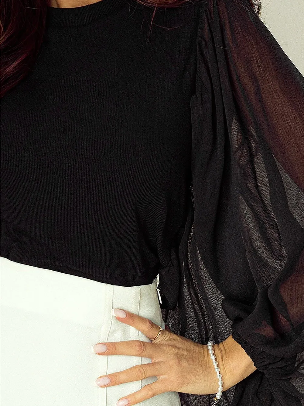 Black Chiffon Blouse with Lantern Sleeves