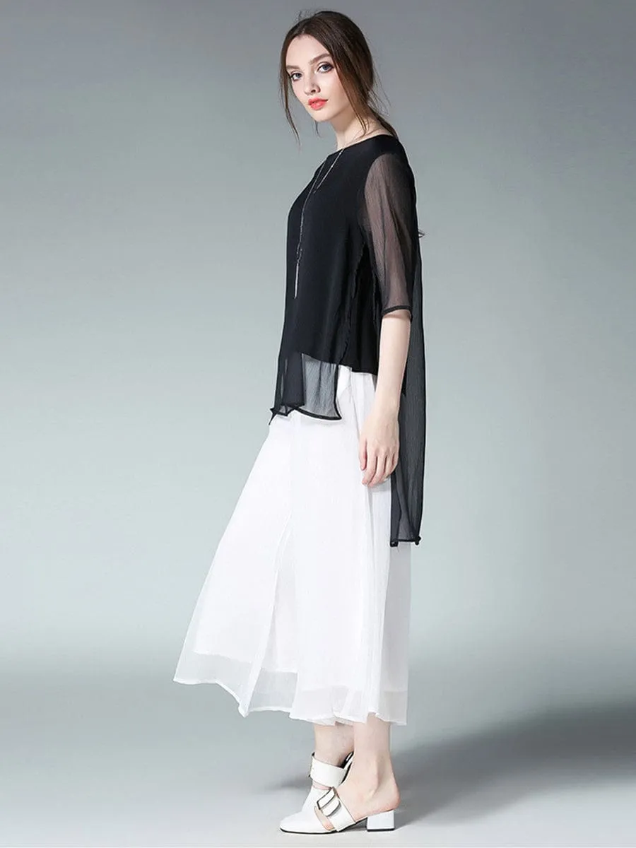 Black Chiffon Blouse with Lantern Sleeves