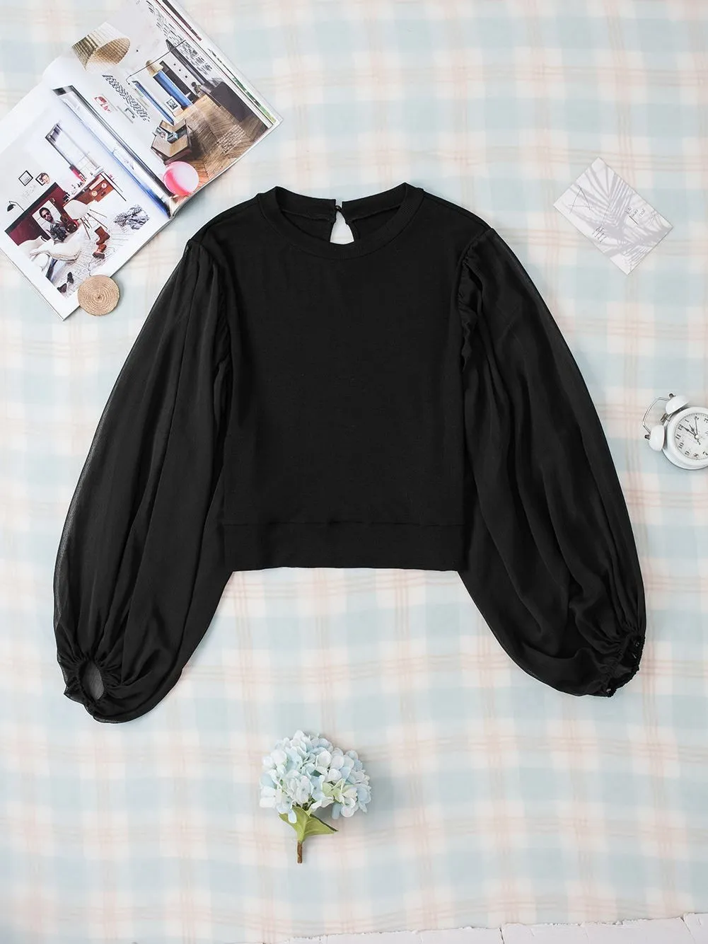 Black Chiffon Blouse with Lantern Sleeves