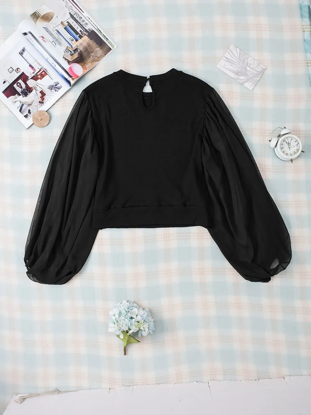 Black Chiffon Blouse with Lantern Sleeves