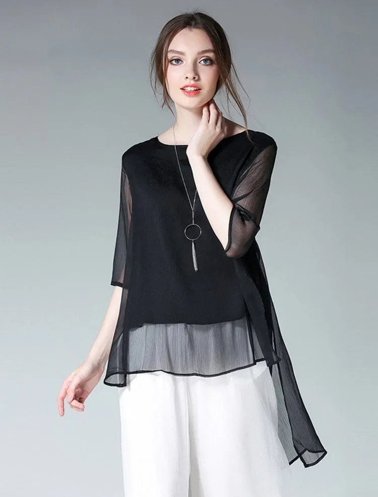 Black Chiffon Blouse with Lantern Sleeves