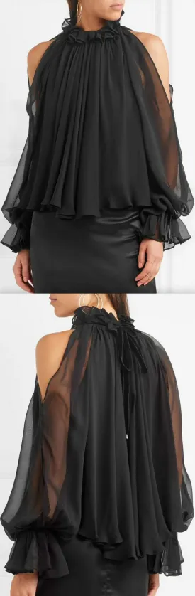 Black Cold-Shoulder Chiffon Blouse