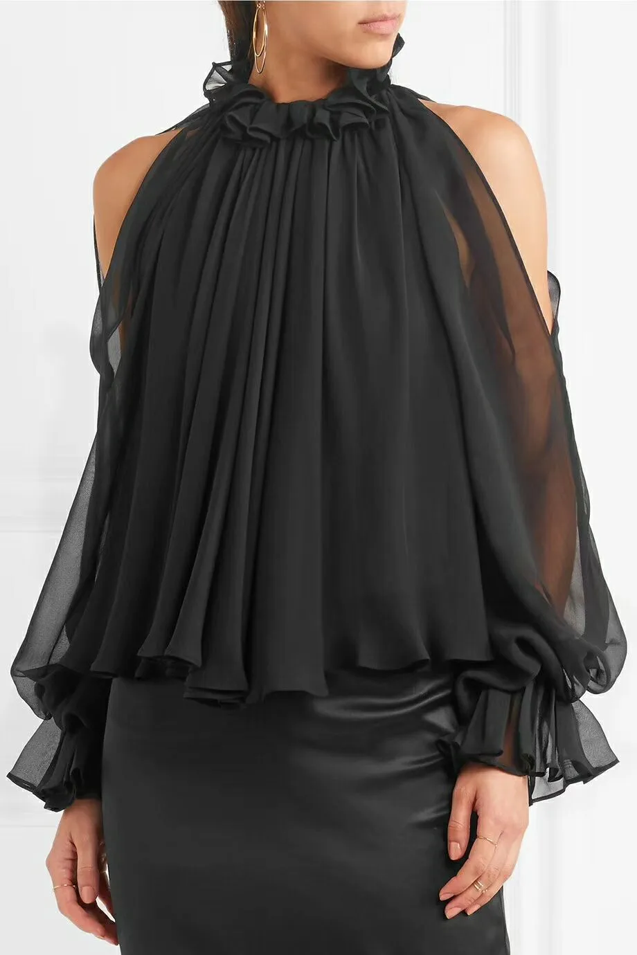 Black Cold-Shoulder Chiffon Blouse