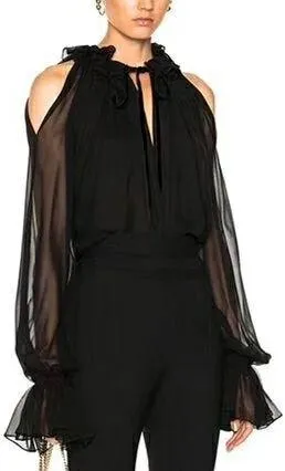 Black Cold-Shoulder Chiffon Blouse