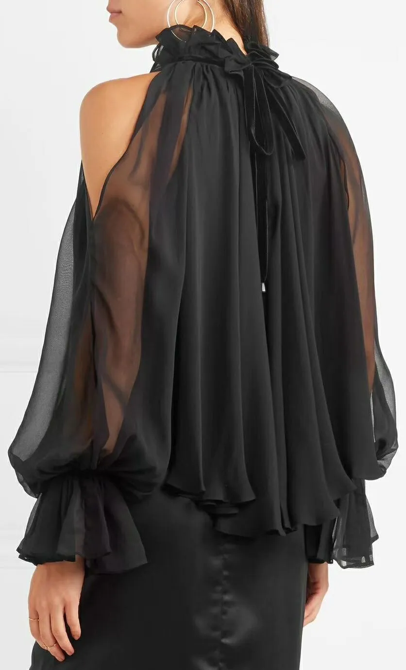 Black Cold-Shoulder Chiffon Blouse