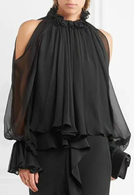 Black Cold-Shoulder Chiffon Blouse