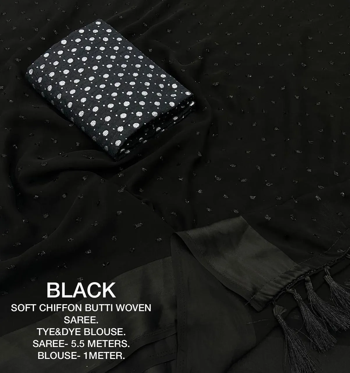 Black Poly Chiffon Woven Design Saree with Unstitched Blouse - A2M