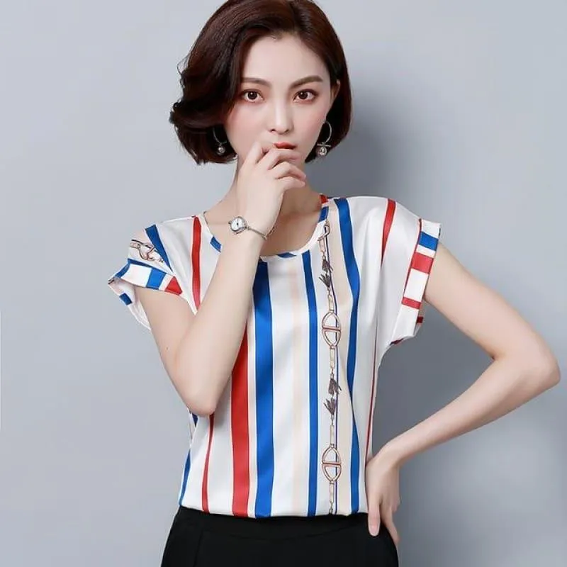 Blue Stripes Summer Chiffon Loose Blouse