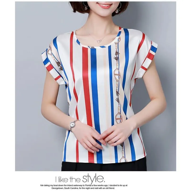 Blue Stripes Summer Chiffon Loose Blouse