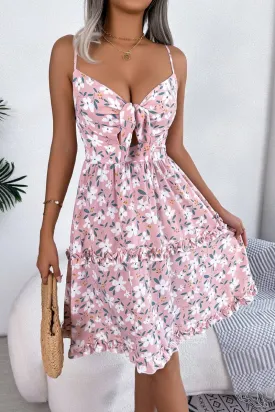 CASUAL FLORAL BOW WOODEN EAR EDGE HALTER DRESS_CWDSD2525