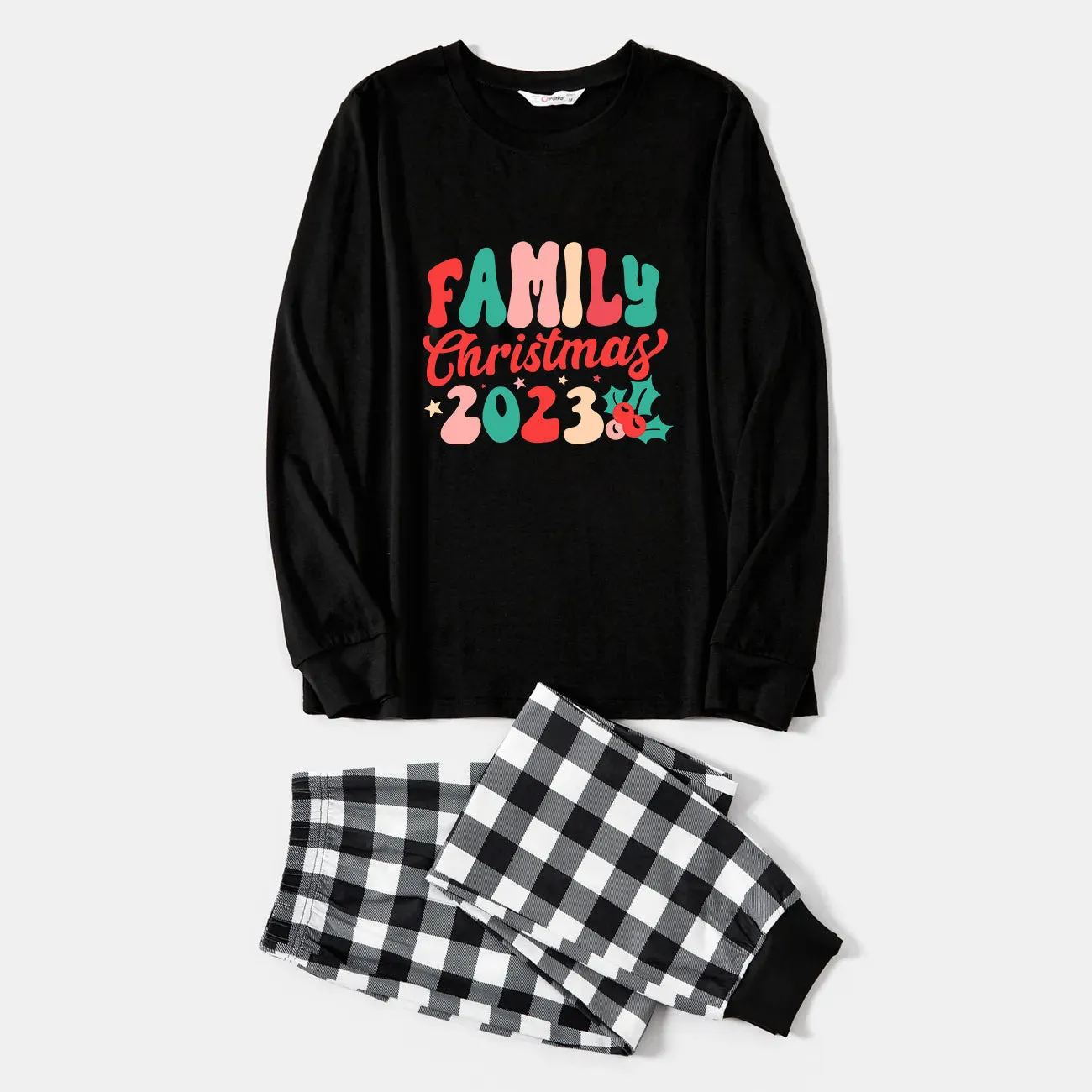 Christmas Family Christmas 2024 Letter Print Patterned Black & White Plaid Pajamas Set