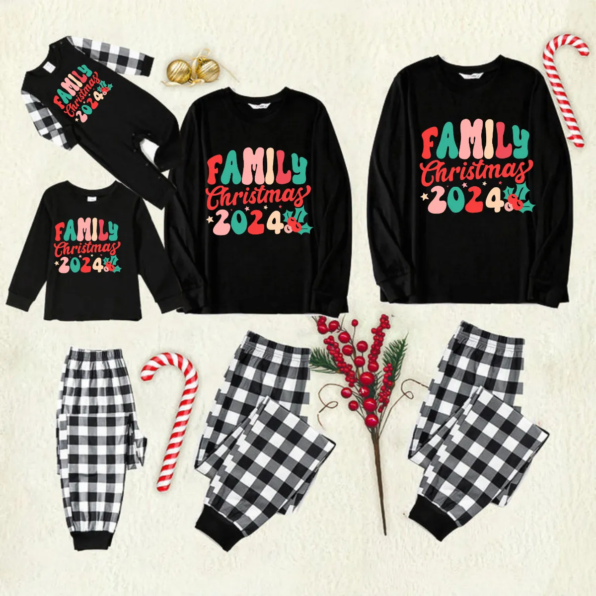 Christmas Family Christmas 2024 Letter Print Patterned Black & White Plaid Pajamas Set