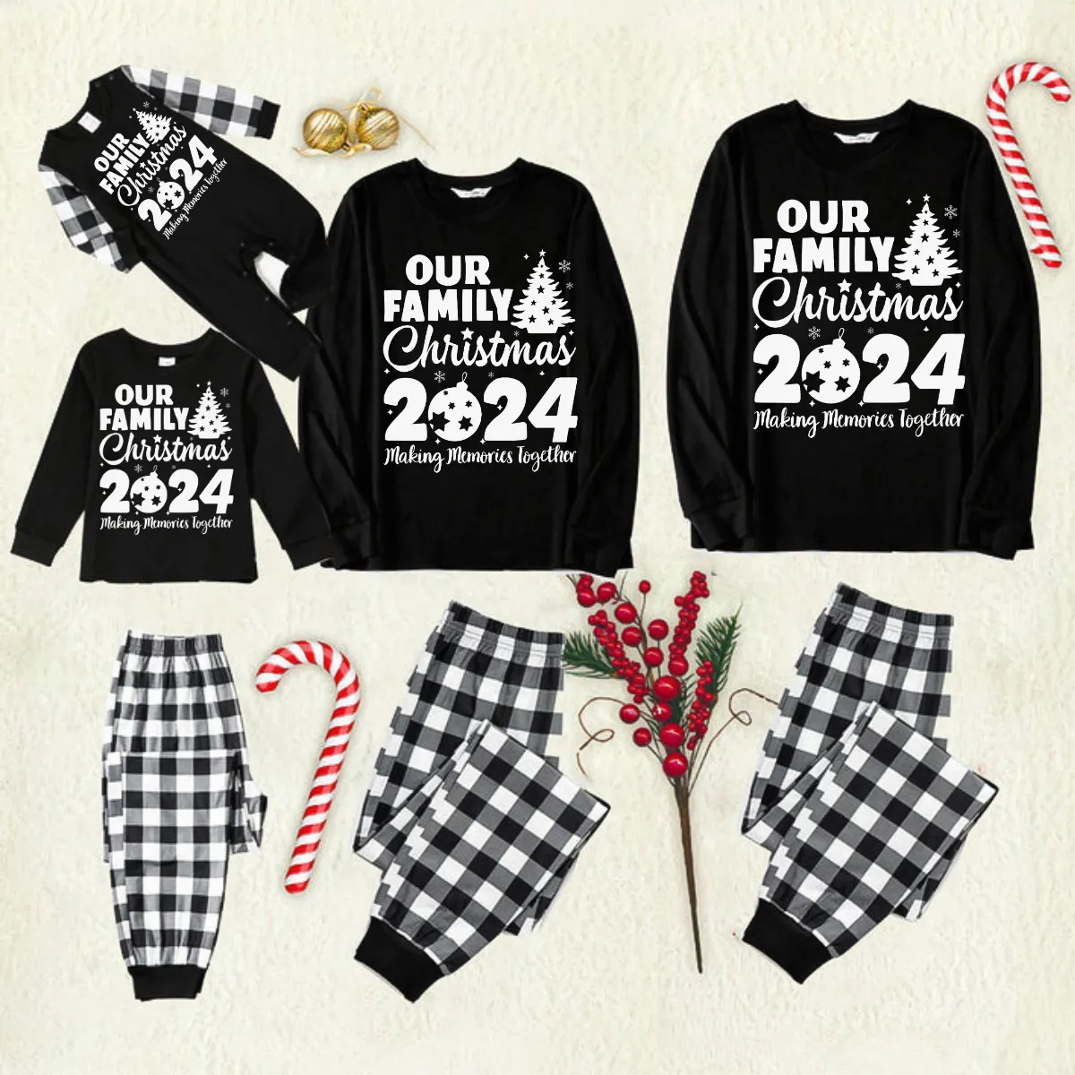 Christmas Family Christmas 2024 Letter Print Patterned Black & White Plaid Pajamas Set