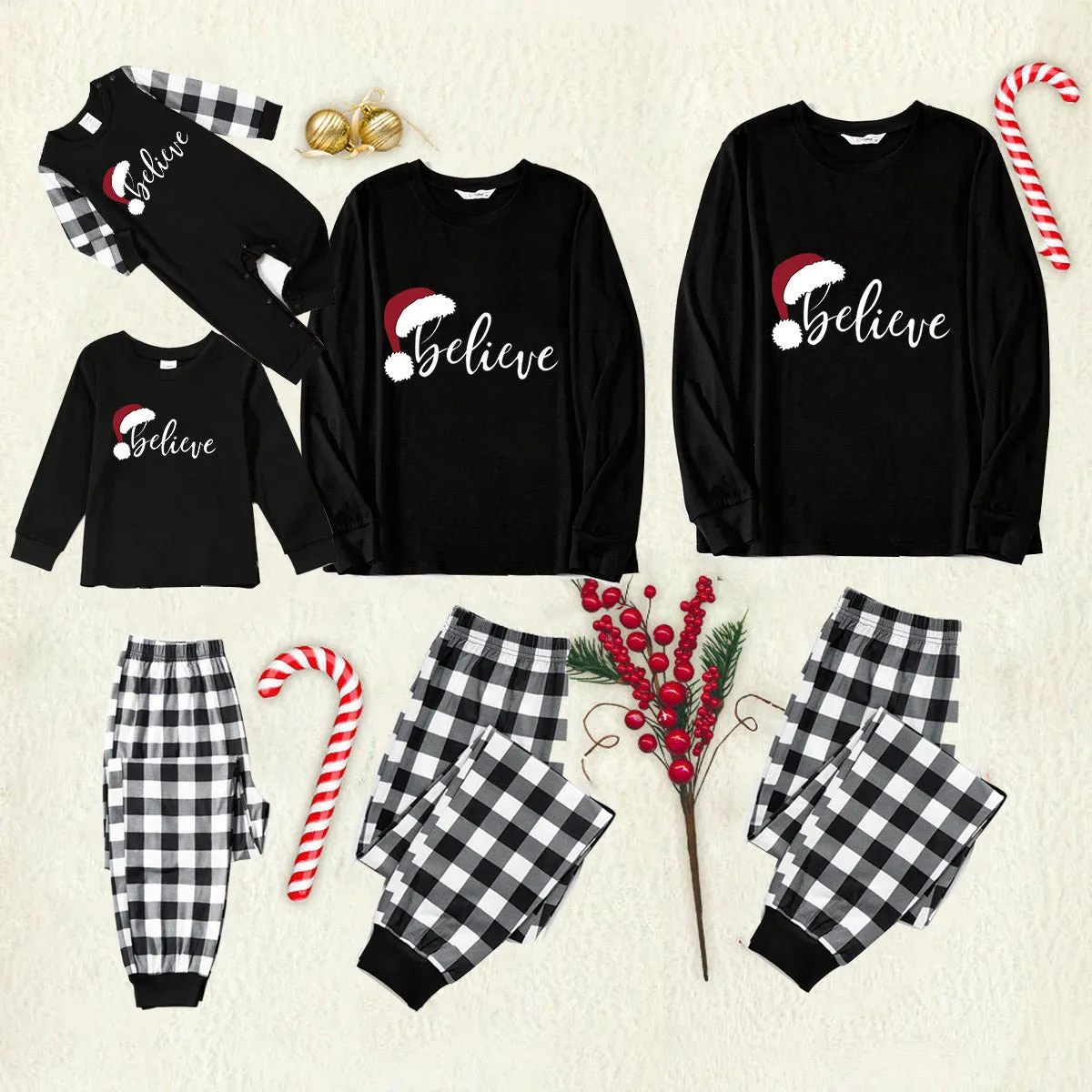 Christmas Family Christmas 2024 Letter Print Patterned Black & White Plaid Pajamas Set