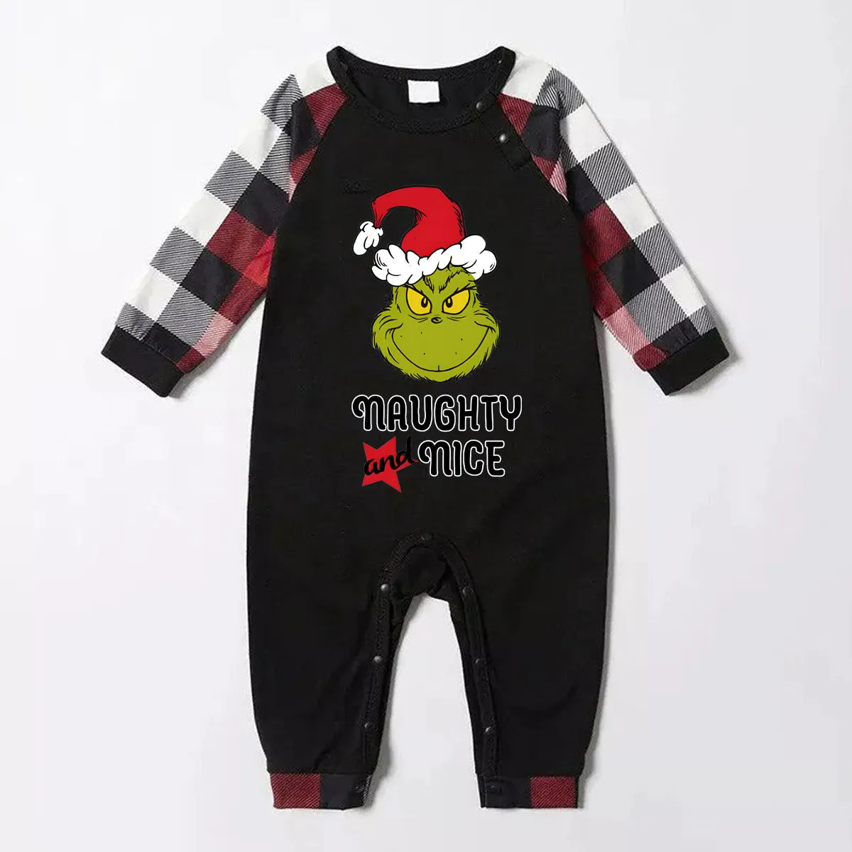 Christmas "Naughty&Nice" Letter Print Patterned Casual Long Sleeve Sweatshirts Contrast Tops and Red & Black & White Plaid Pants Family Matching Pajamas Set With Pet Bandana