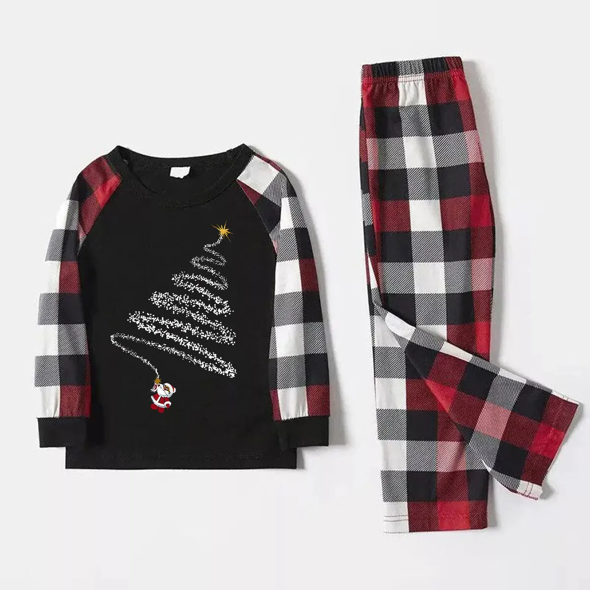 Christmas Santa Claus Print Patterned Casual Long Sleeve Sweatshirts Contrast Tops and Red & Black & White Plaid Pants Family Matching Pajamas Set With Pet Bandana