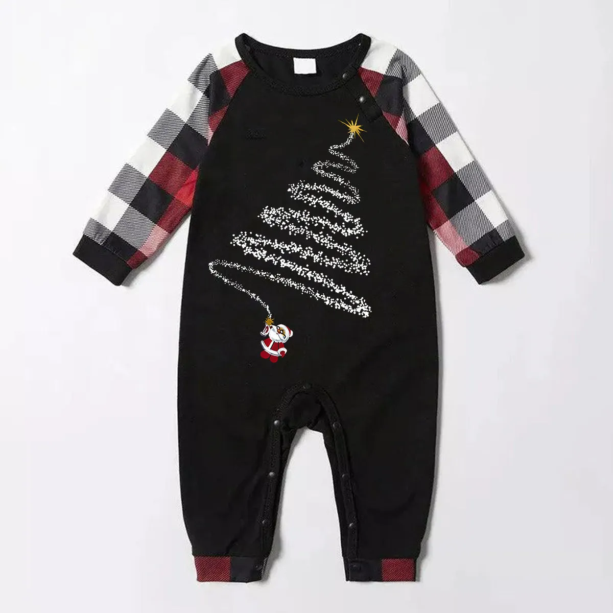 Christmas Santa Claus Print Patterned Casual Long Sleeve Sweatshirts Contrast Tops and Red & Black & White Plaid Pants Family Matching Pajamas Set With Pet Bandana