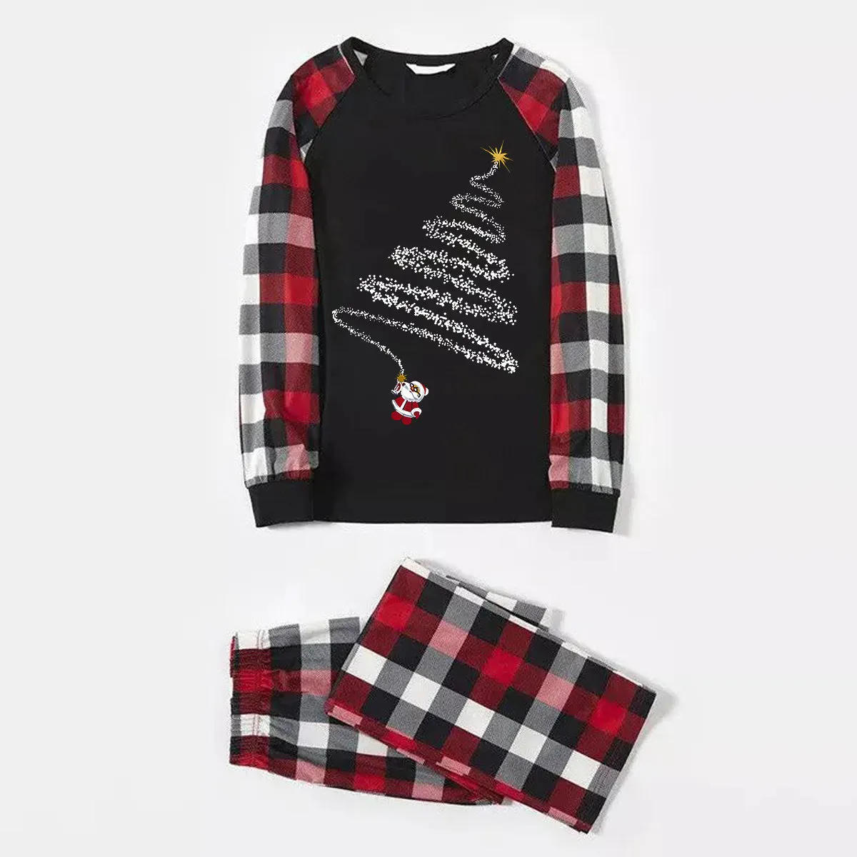 Christmas Santa Claus Print Patterned Casual Long Sleeve Sweatshirts Contrast Tops and Red & Black & White Plaid Pants Family Matching Pajamas Set With Pet Bandana