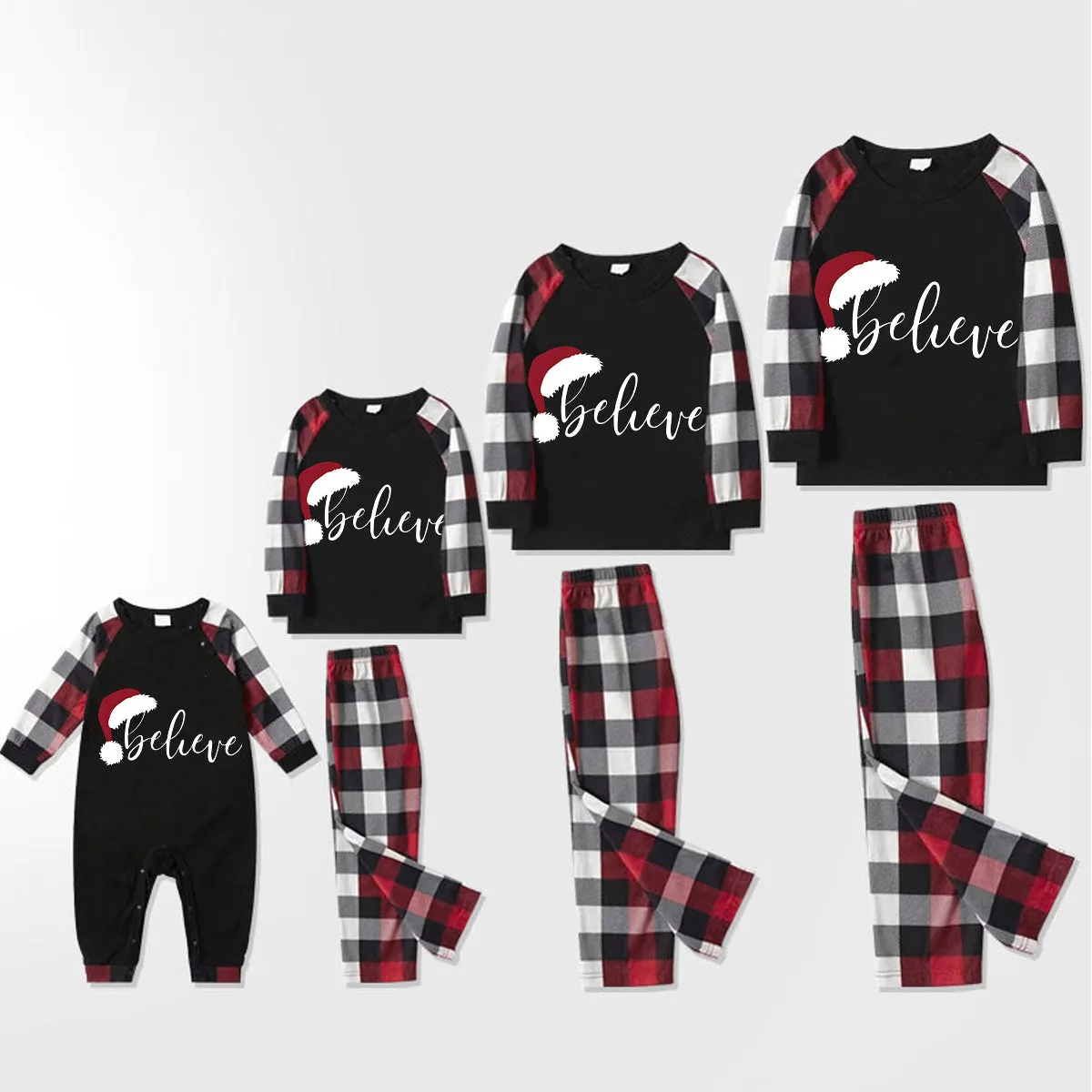 Christmas Santa Claus Print Patterned Casual Long Sleeve Sweatshirts Contrast Tops and Red & Black & White Plaid Pants Family Matching Pajamas Set With Pet Bandana