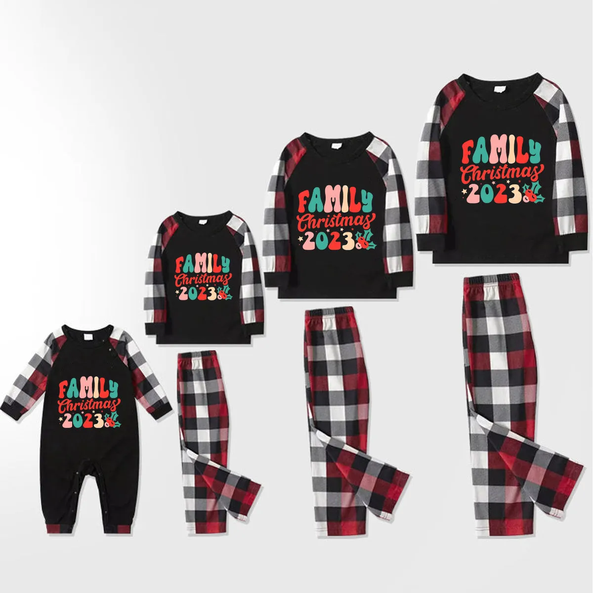 Christmas Santa Claus Print Patterned Casual Long Sleeve Sweatshirts Contrast Tops and Red & Black & White Plaid Pants Family Matching Pajamas Set With Pet Bandana