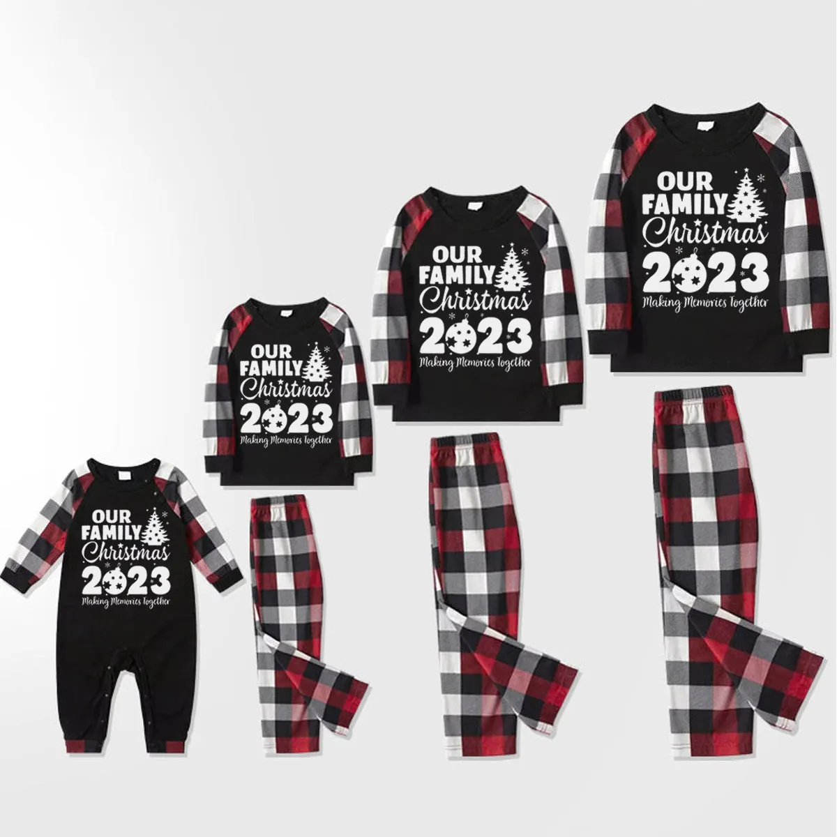 Christmas Santa Claus Print Patterned Casual Long Sleeve Sweatshirts Contrast Tops and Red & Black & White Plaid Pants Family Matching Pajamas Set With Pet Bandana