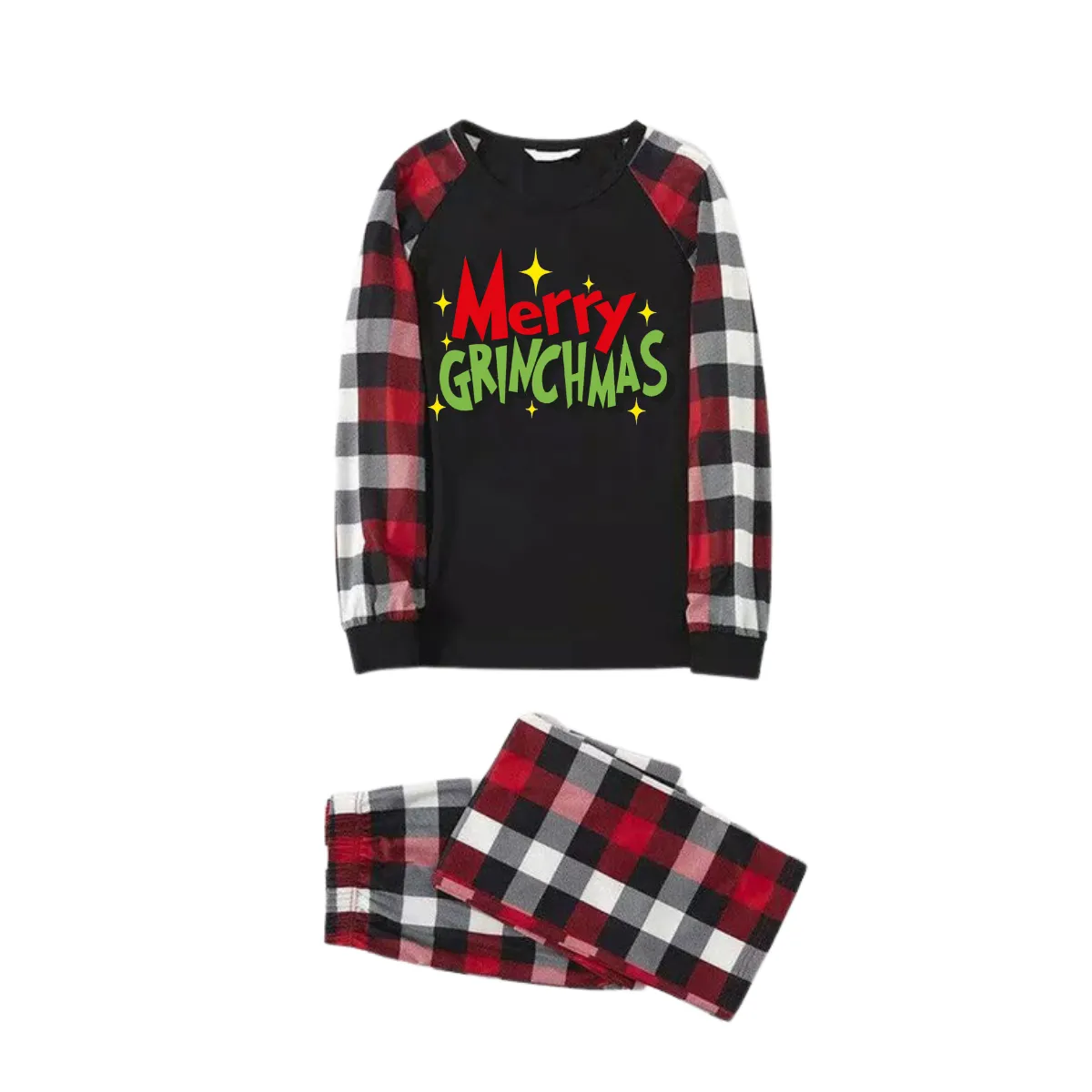 Christmas Text Prints Red & Black & Grey & White Plaid Family Matching Pajamas