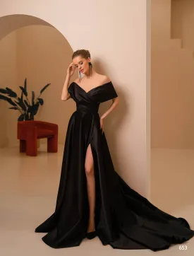 Classy Drop-Shoulder Black Satin Gown for Black Tie Wedding