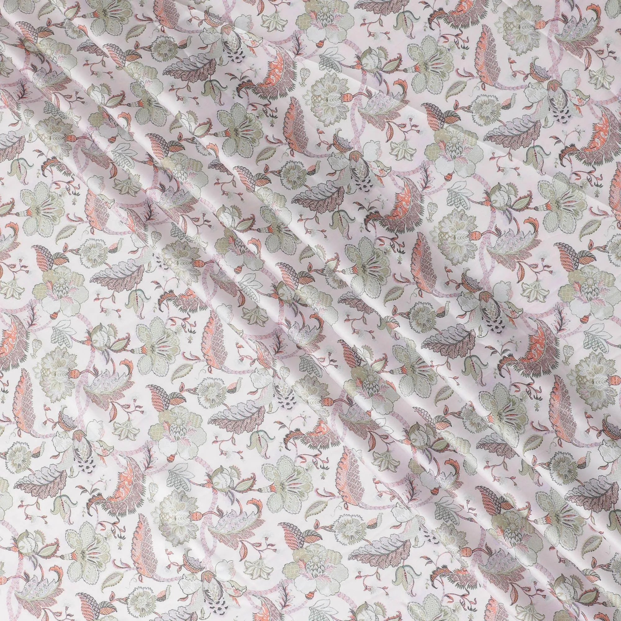 Cream synthetic modal satin fabric with multicolor print in floral design-D15013