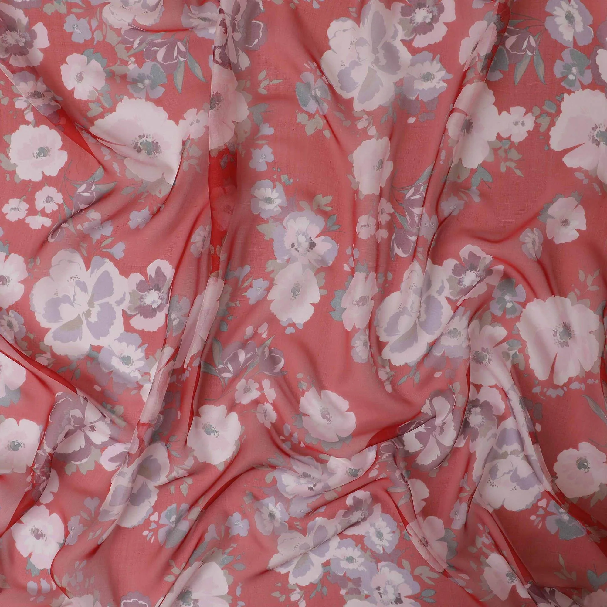 Crimson red premium pure silk chiffon fabric with multicolor print in floral design-D13228