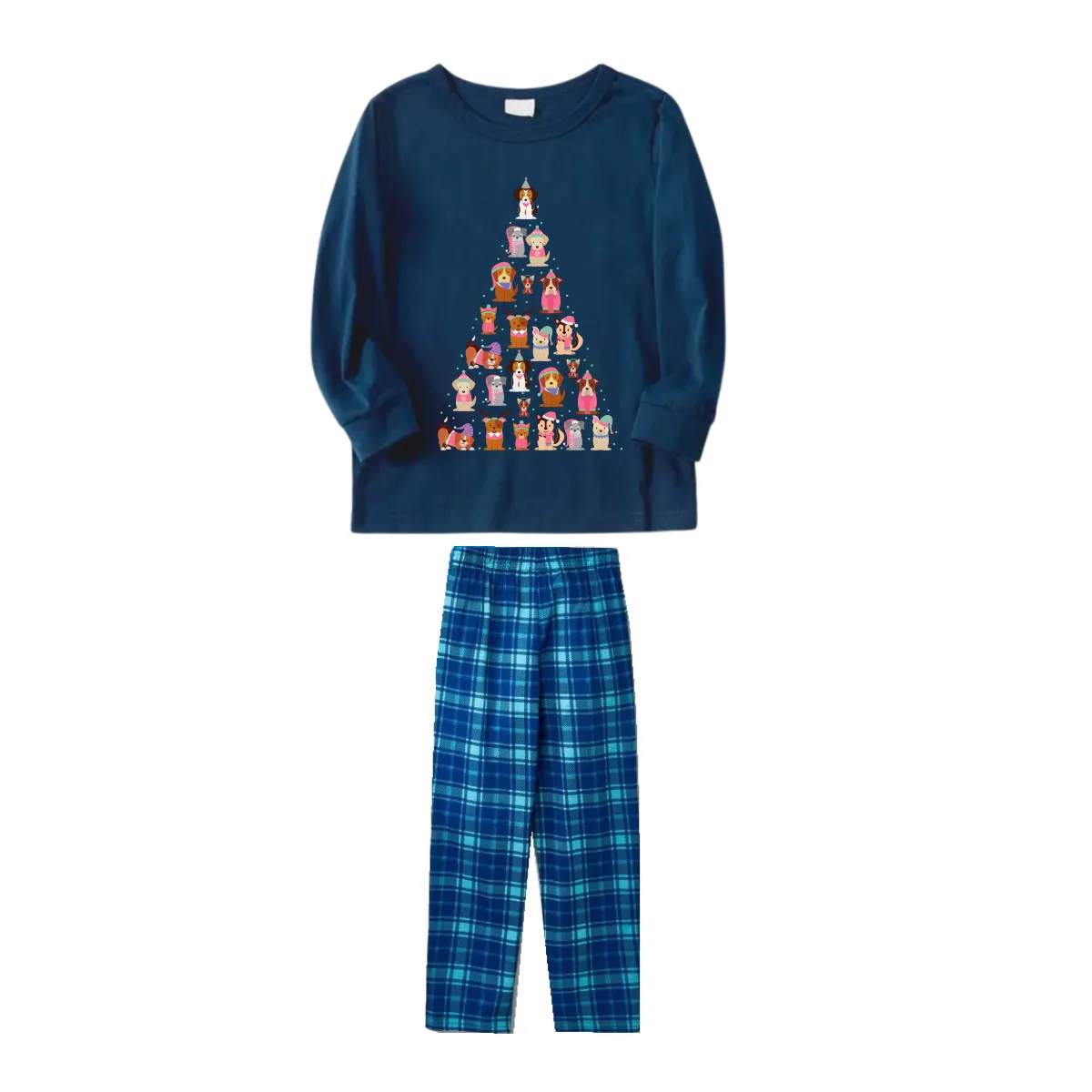 Cute Dog Printed Blue Long Sleeve Top With Blue Plaid Family Matching Pajamas