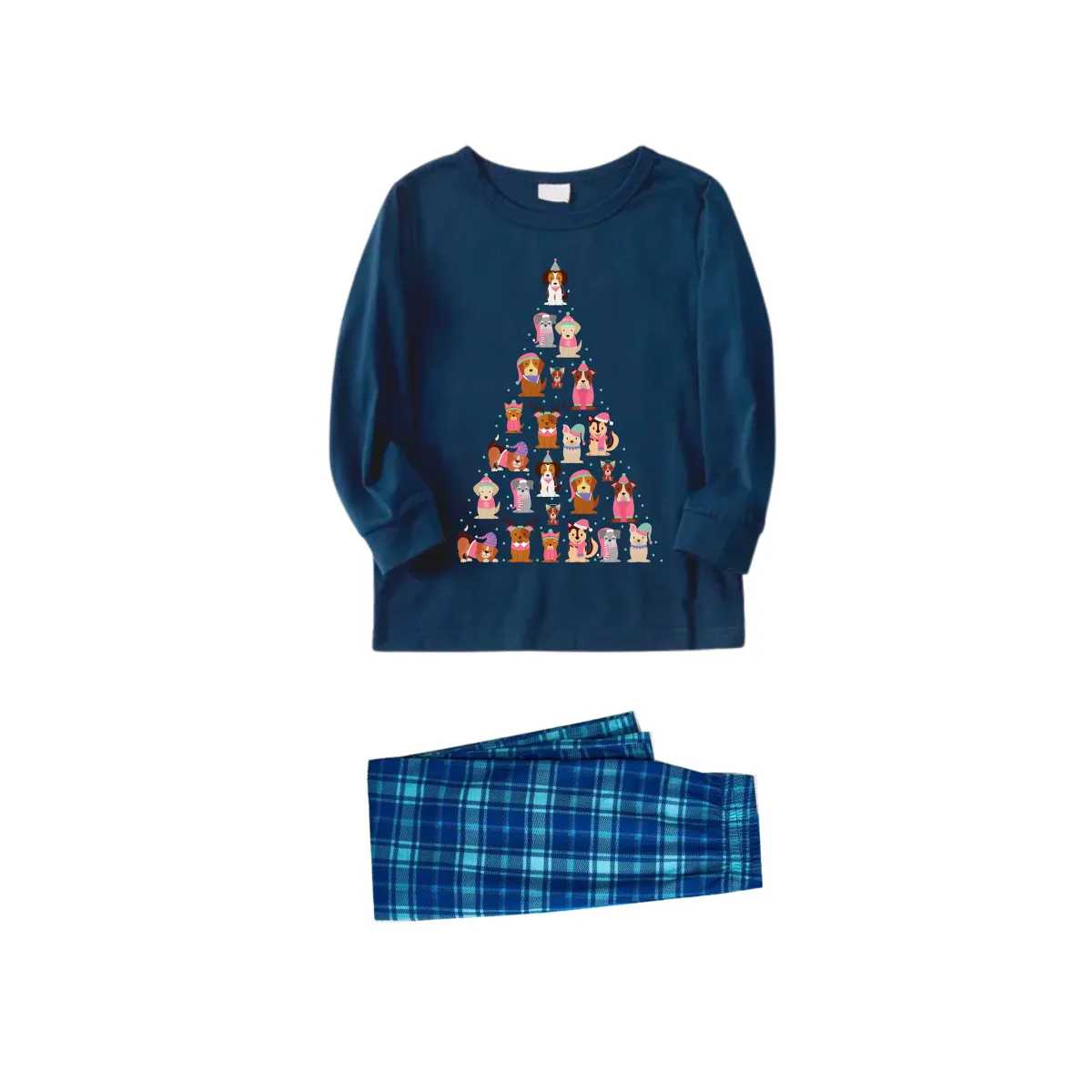 Cute Dog Printed Blue Long Sleeve Top With Blue Plaid Family Matching Pajamas