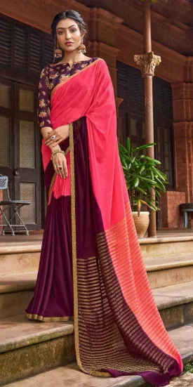 Designer Shaded Carrot Pink Purple Chiffon Saree with Double Blouse and Mask SAT07