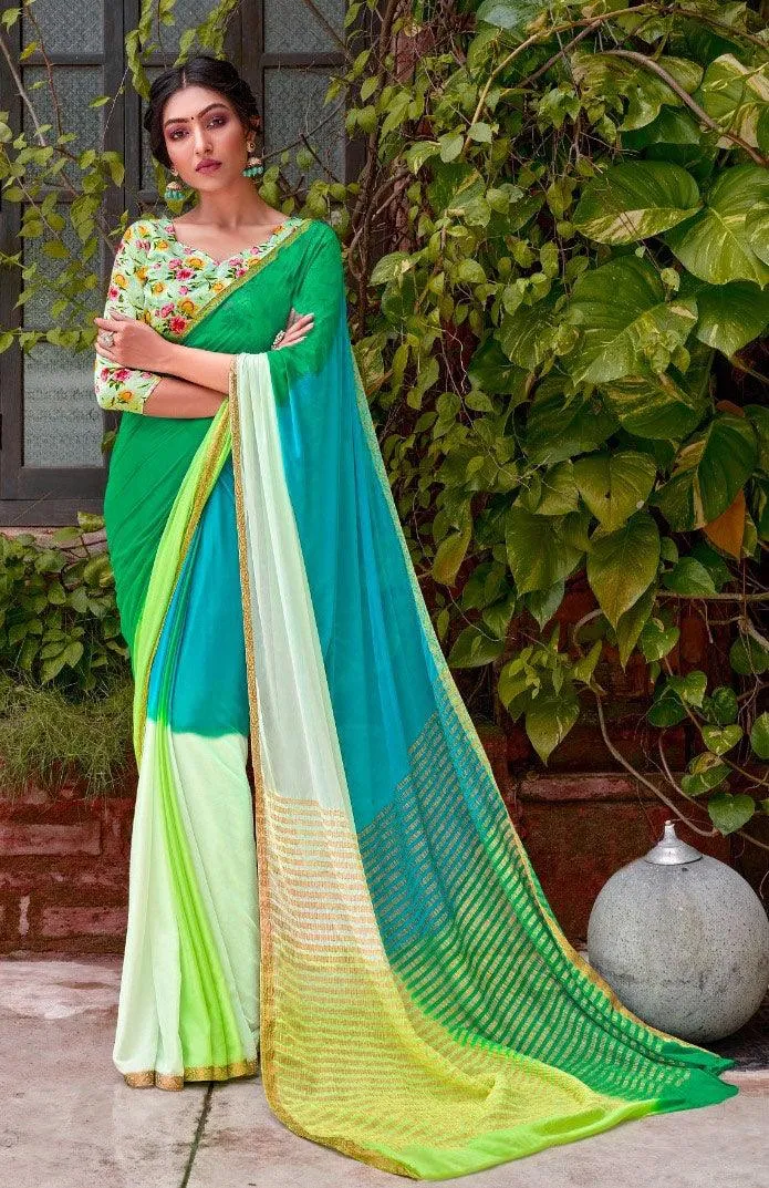 Designer Shaded Green Blue Chiffon Saree with Double Blouse and Mask SAT03