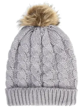 Devin Borg Lined Cable Knit Bobble Hat in Grey