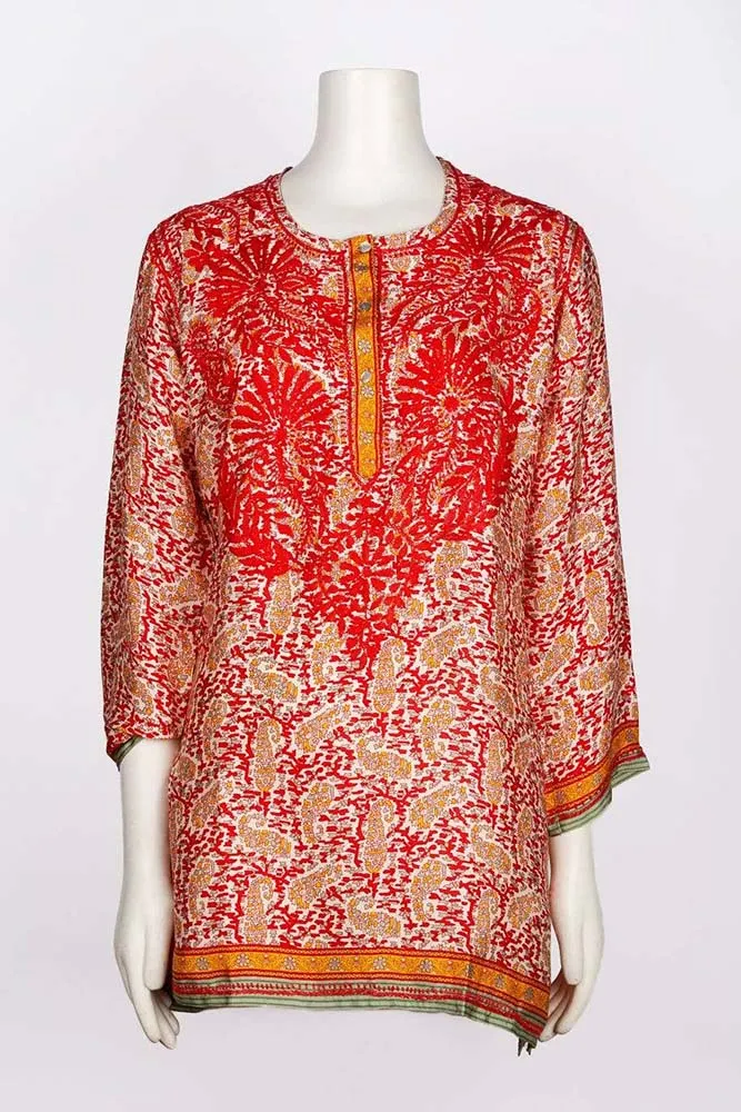 Dolma Women's Embroidered Silk Tunic Top in Red