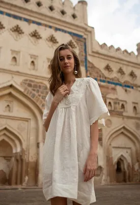 Dorra Embroidered Yoke Linen Tunic Simply White