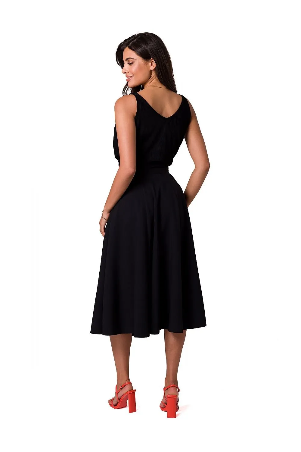 Elegant High-Waisted Flared Midi Skirt with Button Accents