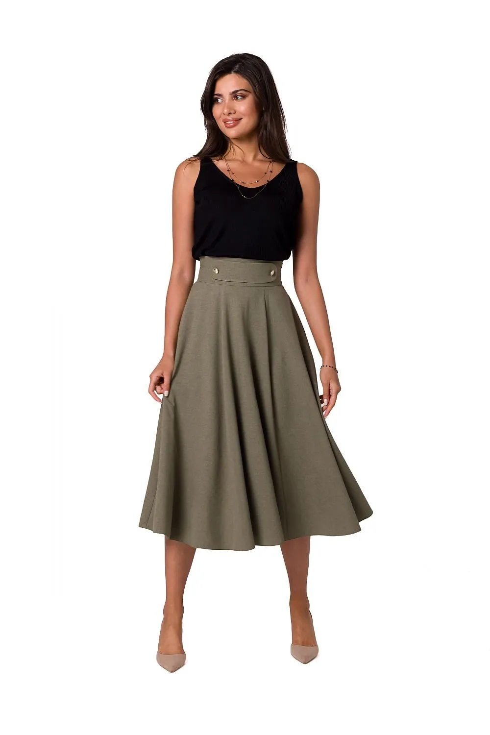 Elegant High-Waisted Flared Midi Skirt with Button Accents