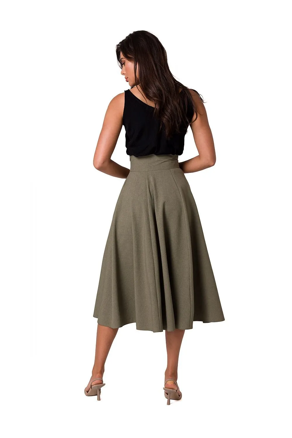 Elegant High-Waisted Flared Midi Skirt with Button Accents