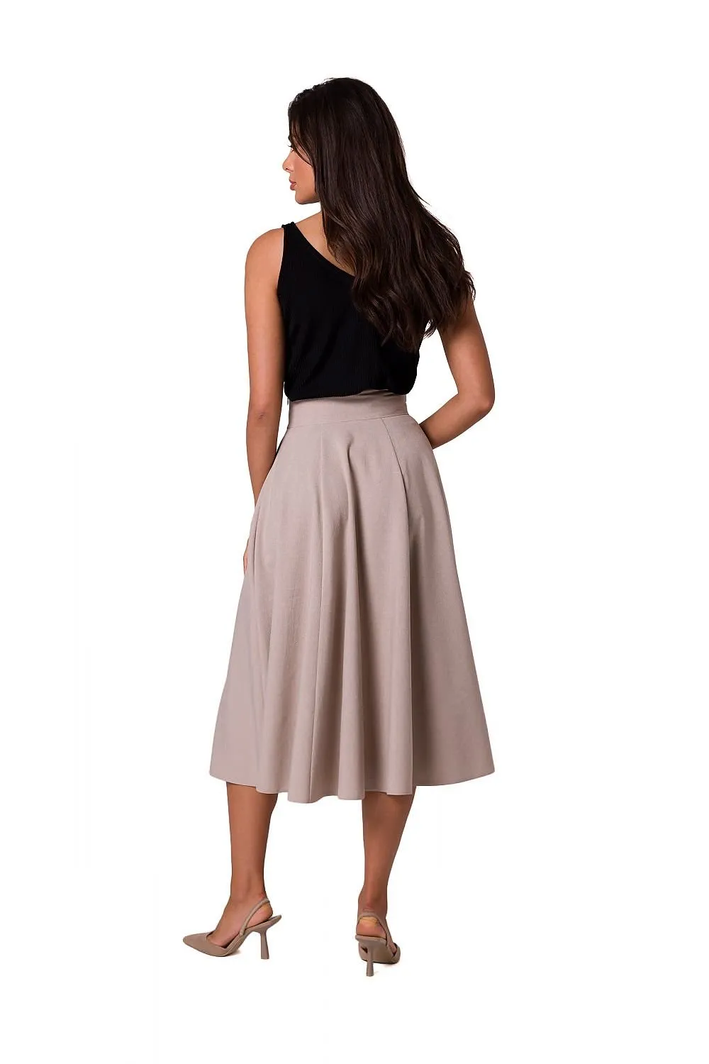 Elegant High-Waisted Flared Midi Skirt with Button Accents